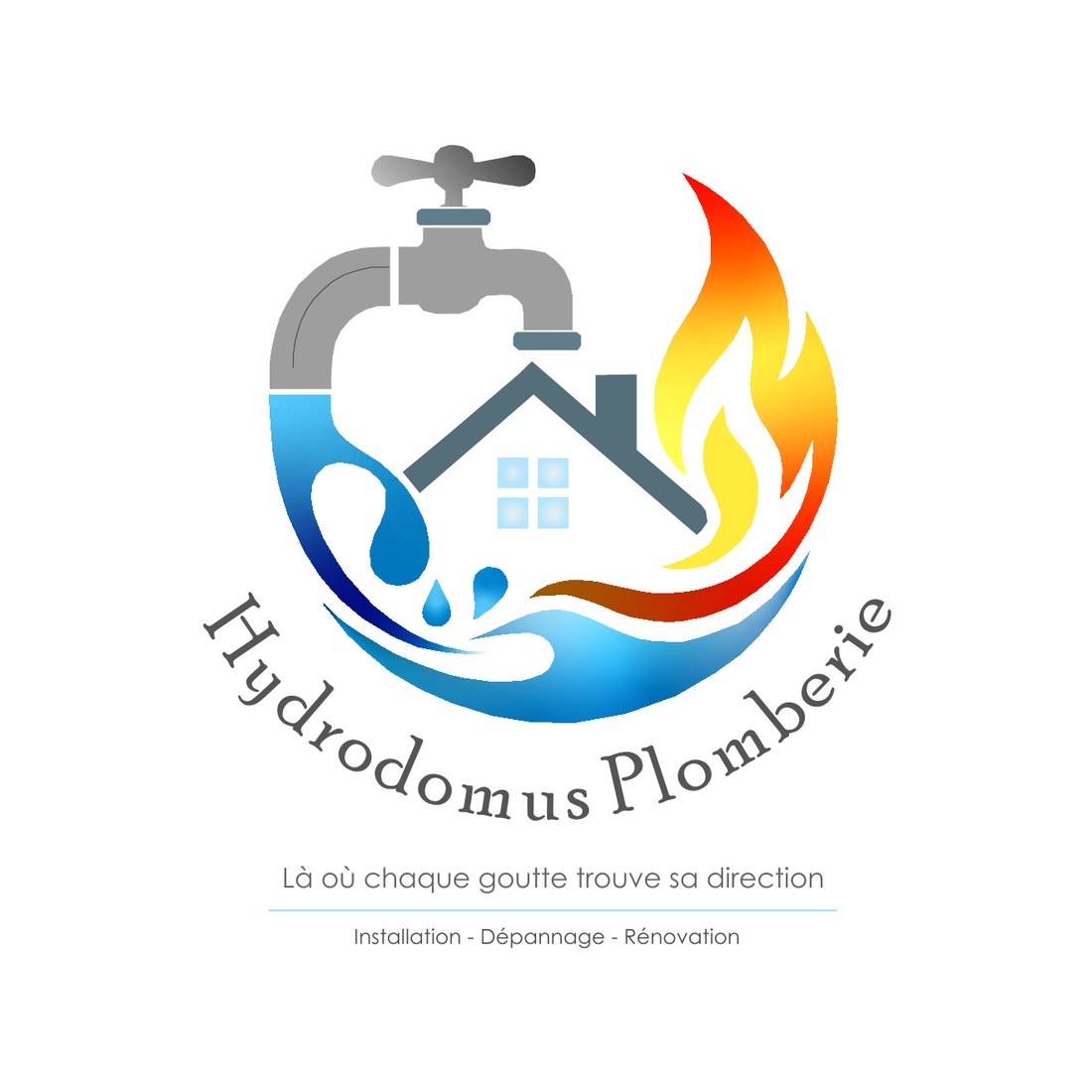 Logo Hydrodomus Plomberie : un robinet gris, une maison, une vague bleue et une flamme orange dans un cercle, avec le nom en arc et la signature « Là où chaque goutte trouve sa direction »